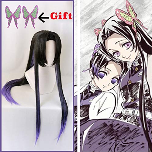 Anime Comic Dämonentöter Kimetsu no Yaiba Cosplay Perücken Kochou Kanae Cosplay Perücke Hitzebeständige synthetische Perücke Schwarz Langhaar Perücke und Kopfbedeckung x 2 von EQWR