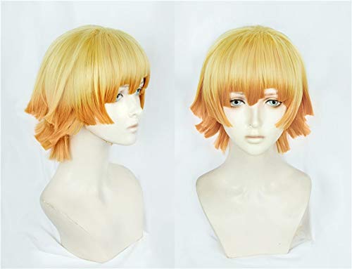 Anime Demon Slayer: Kimetsu no Yaiba Zenitsu Agatsuma Kurze golde Perücke Hitzebeständiges Haar Cosplay Kostüm Perücken + Mütze + Track von EQWR