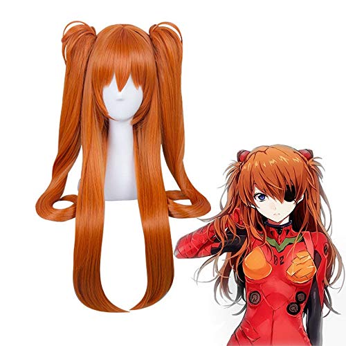Anime Eva Asuka Langley Soryu Cosplay Perücken Langorange Mit 2 Pferdeschwanzclips Hitzebeständige Kunsthaarperücke MZ-1357 von EQWR