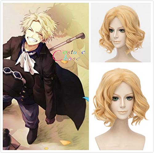Anime One Piece Sabo 30cm Golden Curly Welliges Kurzes Synthetisches Haar Hitzebeständigkeit Halloween Kopfbedeckung Cosplay + Kostenlose Perückenkappe von EQWR
