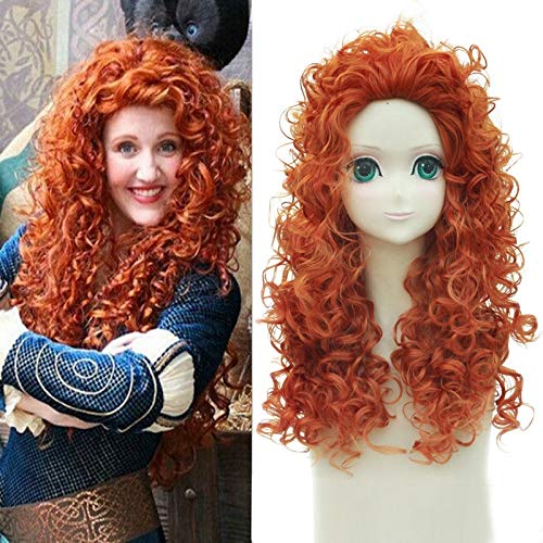 Brave Merida Perücke 55cm 21.65"Lange lockige gewellte Anime Cosplay Perücken für Frauen weibliches Kunsthaar Hochwertige synthetische Perücke Orange von EQWR