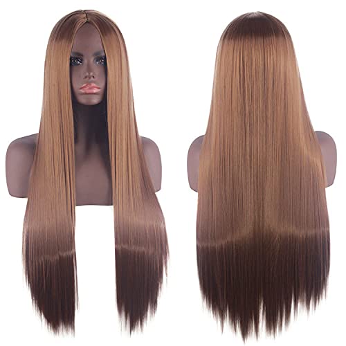 Cosplay Wig Universal Split Scalp Black Long Straight Hair 80CM Anime Wig Color: Light Brown Center Split von EQWR