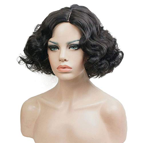 EQWR Kurze Bob Vintage Lockige Perücken für Frauen Hochtemperatur-kunstfaser Vollen Kopf Karneval Party Maskerade Cosplay Haar 10 zoll Schwarz von EQWR