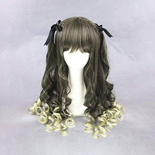 EQWR Mädchen Harajuku Medium Curly Mixed Dunkelgrau Blonde Perücken Karneval Cosplay Hitzebeständige Kunstfasern Lolita Haar Kostüm 22 zoll von EQWR