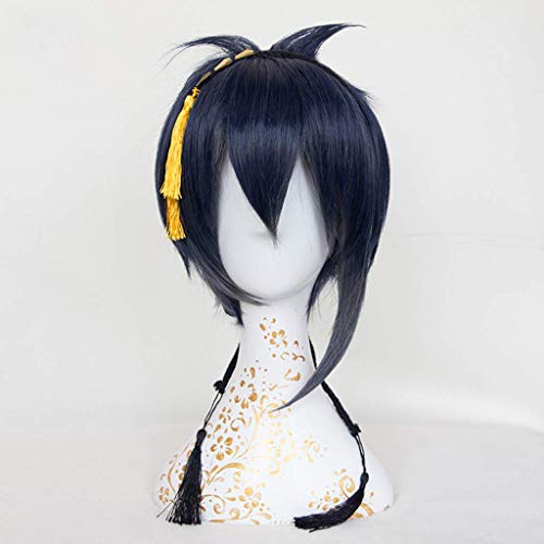 EQWR Touken Ranbu Anime Cosplay Rose Net Perücken Hitzebeständige Kunstfaser Ombre Dunkelblau Farbverlauf Kurze Gerade Asymmetrische Haar 14 zoll von EQWR