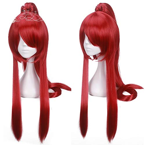 Fairy Tail Erza Scarlet 80 cm lang, tiefrote Cosplay Perücke Frauen Anime Kostüm Perücke Synthetische Haar Perücke + 1 Pferdeschwanz + Perücke Cap von EQWR