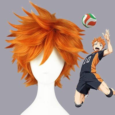 Haikyuu !! Hinata Syouyou Short Orange Fluffy Layered Cosplay Perücken Hitzebeständige synthetische Haare Anime Perücke + Perücke Kappe als das Bild von EQWR