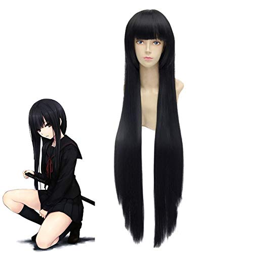 Isayama Yomi Cosplay Wig 80cm Black Long Straight Synthetic Hairpiece Peluca Anime Costume Wigs + Wig Cap 80cm Qi Liuhai von EQWR