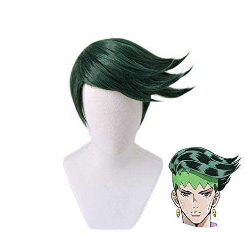 JOJOs bizarres Abenteuer Rohan Kishibe Grüne kurze Perücke Cosplay Kostüm Hitzebeständiges Kunsthaar Männer Party Rollenspiel Perücken MZ-1433 von EQWR