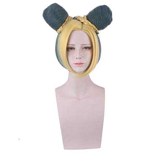 JoJos Bizarre Adventure Cosplay Perücke Golden Wind Jolyne Cujoh Kujo Perücke grün Doppel Brötchen Zöpfe Haar Cosplay Perücken + Perücke Cap Jojo Perücke PL-398 von EQWR
