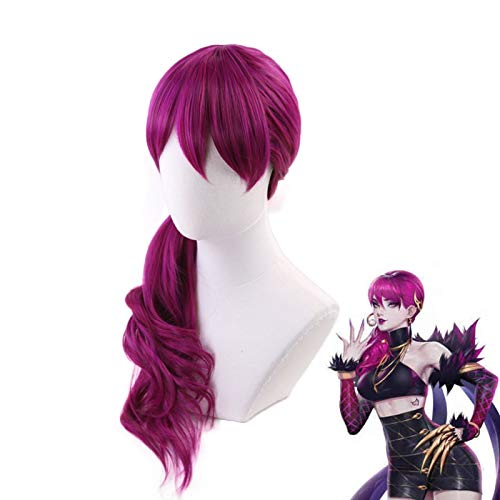 K/DA Evelynn Rotviolett Lange Perücke Kostüm Frauen Hitzebeständiges Kunsthaar Halloween Party Rollenspiel Cosplay + Kostenlose Perückenkappe von EQWR