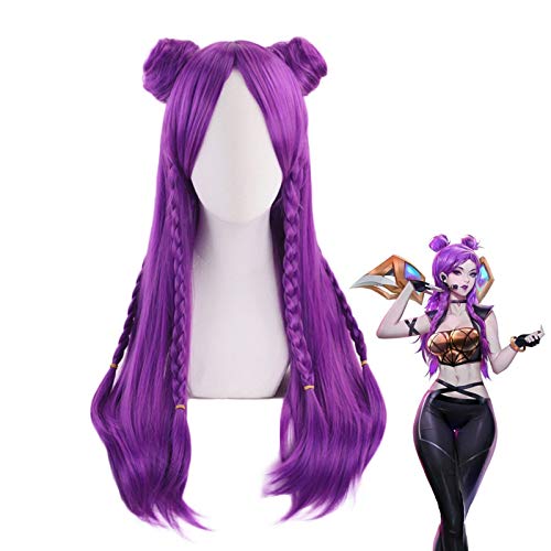K/DA Kaisa Lange Lila Zopf Perücke Mit Brötchen Cosplay Kostüm KDA Kai'Sa Frauen Hitzebeständige Kunsthaar Halloween Party Perücken MZ-1332 von EQWR