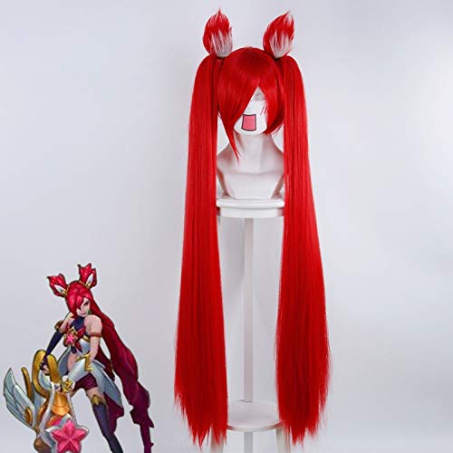 LOL Jinx 100cm Magic Girl Langer gerader Pferdeschwanz für Frauen Weibliche Cosplay Perücken Hochwertige synthetische Perücke Rote Halloween Party LOL Jinx 100cm Magic Girl Langer gerader Pferdeschwanz für Frauen Weibliche Cosplay Perücken Hochwertige synthetische Perücke Rote Halloween Party von EQWR