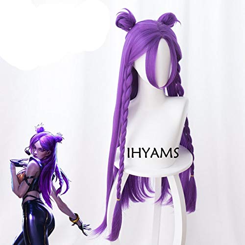 LOL K/DA Kaisa Cosplay Perücke 80cm lang Gerade Hitzebeständig Synthetisches Haar Spiel Kostüm Party Perücke Lila + Perückenkappe wie auf dem Bild von EQWR