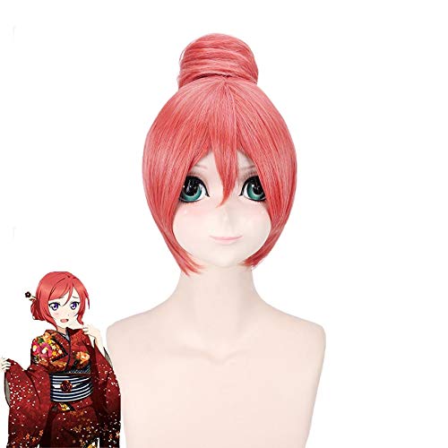 Liebe Live Maki Nishikino Gerade Kurze Anime Perücke Cosplay Hitzebeständige Synthetische Wassermelone Rote Damen Perücken Mit Brötchen von EQWR