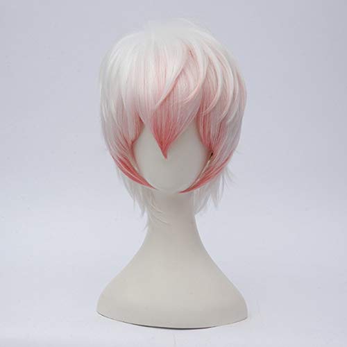 Mystic Messenger Saeran Unbekannt Cosplay Perücke Anime Spiel Kostüm Party Perücke 30cm Kurzes Glattes Synthetisches Haar Weiß und Pink Gemischt Unbekannt von EQWR