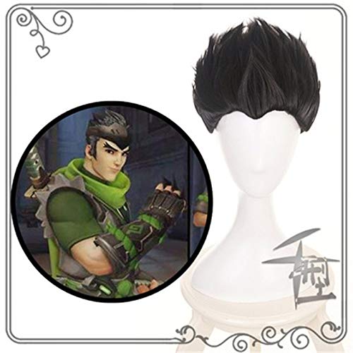 Overwatch Young Genji OW Kurze grün/schwarze Cosplay Kostüm Perücken Slicked-Back Hitzebeständige Kunsthaar Pelucas Anime Perücke QX Schwarz von EQWR