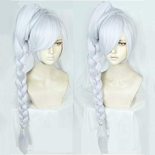 RWBY Weiss Schnee Cosplay Perücken Silber Weiß Lang Hitzebeständige Faser Synthetik Haar Perücke mit abnehmbaren Schachtelhalm Zöpfen von EQWR