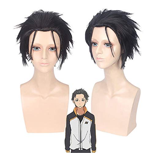 Re: Zero Kara Hajimeru Isekai Seikatsu Subaru Natsuki Kurze synthetische Cosplay Perücke 12inch Herren schwarz grau Mix Haar Perücken von EQWR