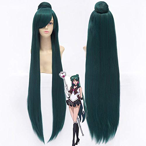 Sailor Moon Sailor Pluto Meiou Setsuna Cosplay Perücke Dunkelgrün 100 cm lang Gerade Hitzebeständige Haarperücken mit abnehmbarem Brötchen von EQWR