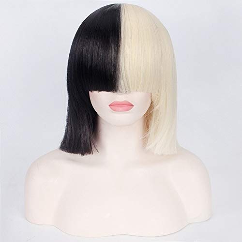 Sia Alive Dies ist eine kurze, gerade Cosplay Perücke für Frauen Weibliche Anime Party Halb schwarz und halb blond Nur synthetisches Haar Perücke von EQWR