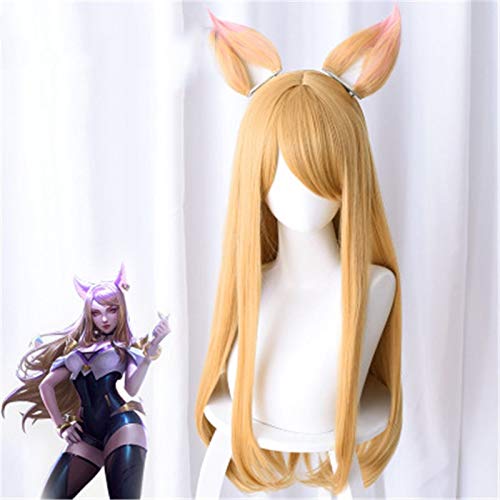 Spielcharakter KDA K/DA Ahri Cosplay Perücken 80cm mit Ohren Langes synthetisches Haar Perucas Rollenspiel Fox Kostüm Requisiten Perücke + Ohr + Perückenkappe von EQWR