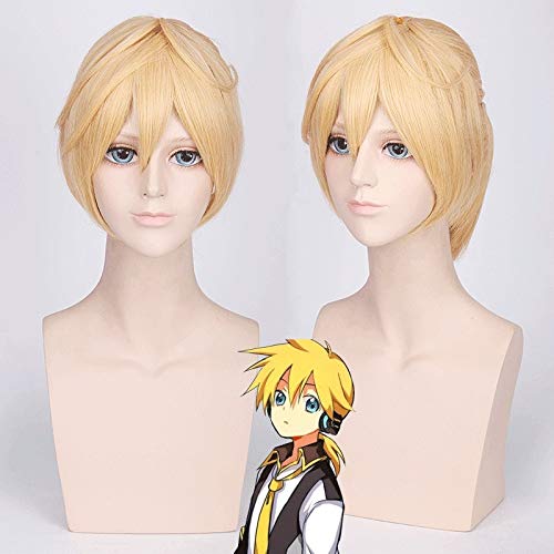 VOCALOID Kagamine Len Cosplay Perücke für Mann Kurze gerade gerade blonde Hochwertige hitzebeständige synthetische Perücke mit Pferdeschwanz Anime PL-014 von EQWR