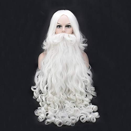 Weihnachten Cosplay Perücke Bart Weihnachtsmann weiß lockiges langes synthetisches Haar Hitzebeständigkeit + Perücke Cap Perücke und Bär von EQWR