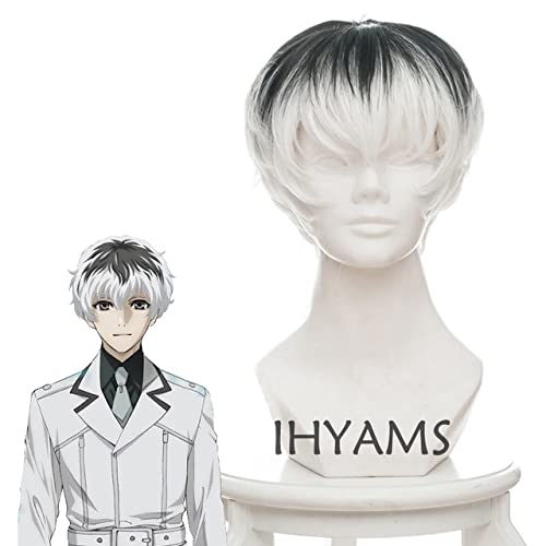 Wig for Anime Re Kaneki Ken Sasaki Haise Schwarz Weiß Mix Kurz Synthetisches Haar Cosplay Kostüm Perücken + Perückenkappe wie auf dem Bild von EQWR