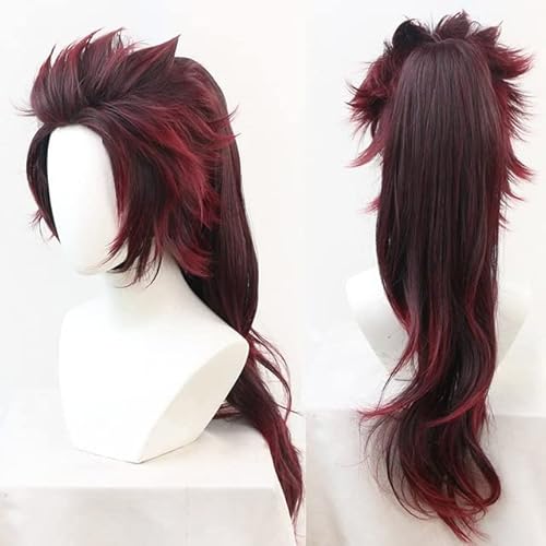 Wig for Anime Tanjirou Kamado Cosplay Perücken Kostüm Weinrotes Haar mit Pferdeschwanz + Gratis Perückenkappe lang mit Pferdeschwanz von EQWR