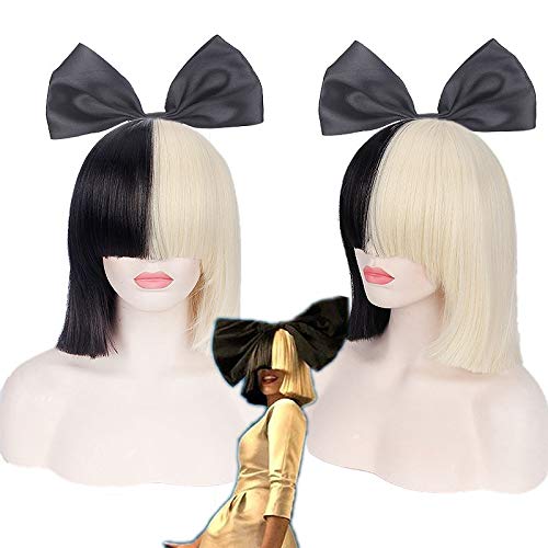 Wig for Anime Wigs Cosplay Christmas Sia Star Singer This Is Acting Black Light Gold Mixed Color Wig Color: Black Big Bow von EQWR