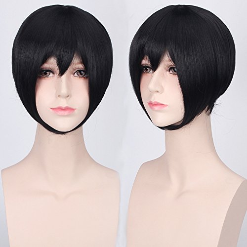Wig for Halloween Fashion Christmas Party Dress Up Wig Cosplay Wig Multicolor Universal Face Short Hair Msn Black And White Short Hair Bobo Headgear Wig Color: K047-4 Natural Black von EQWR