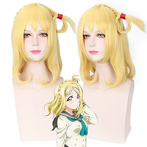 Wig for LoveLive!Sunshine!! Mari Ohara Medium Long Curly Cosplay Wigs Women Female Fake Hair Sale 45cm Synthetic Hair Gold Blond Anime von EQWR