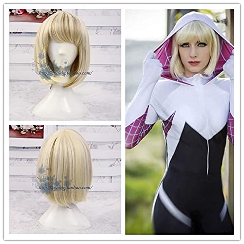 Wig for The Amazing Spider-Man Gwen Stacy blonde Mischung Bobo-Haarperücke Gwendolyn Maxine kurze Cosplay-Perücken + Perückenkappe Spider-Man wie auf dem Bild von EQWR