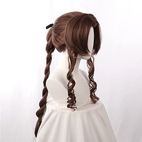 Wig for VII Aerith Gainsborough Cosplay Wig FF7 Brown Long Curly Cosplay Wig Heat Resistant Synthetic Hair + Wig Cap as photo von EQWR