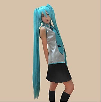 Wig for Vocaloid Hatsune Miku Cosplay Perücke 120 cm Blaues langes Kunsthaar mit Doppelchip-Pferdeschwänzen + Gratis Perückenkappe Vocaloid wie auf dem Bild von EQWR