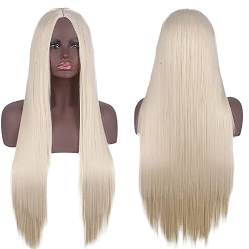 Wig for cosplay wig universal middle point scalp black long straight hair 80CM anime wig Color: light golden middle point von EQWR