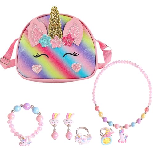 ERAOLIAE Einhorn Handtasche Schmuckset,Einhorn Umhängetasche für Mädchen, Einhorn Ohrring Halskette Bracelet Ring Kinderschmuck Set, Prinzessin Party Dress Up Geburtstag Geschenk (Rosa) von ERAOLIAE