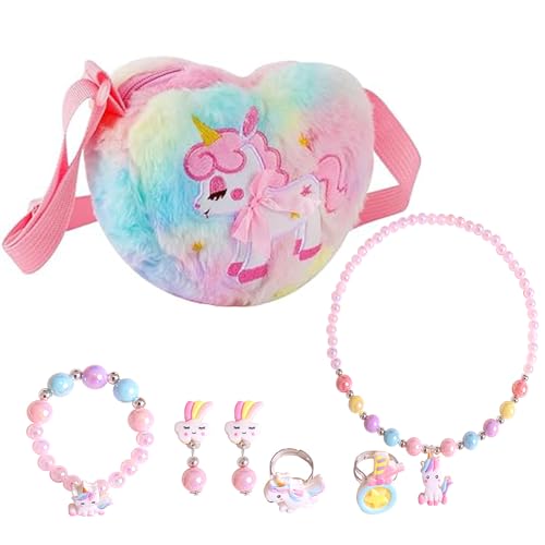 ERAOLIAE Einhorn Handtasche Schmuckset für Mädchen,Einhorn Umhängetasche, Einhorn Ohrring Halskette Bracelet Ring Kinderschmuck Set, Prinzessin Party Dress Up Geburtstag Geschenk (Rosa) (Rosa) von ERAOLIAE