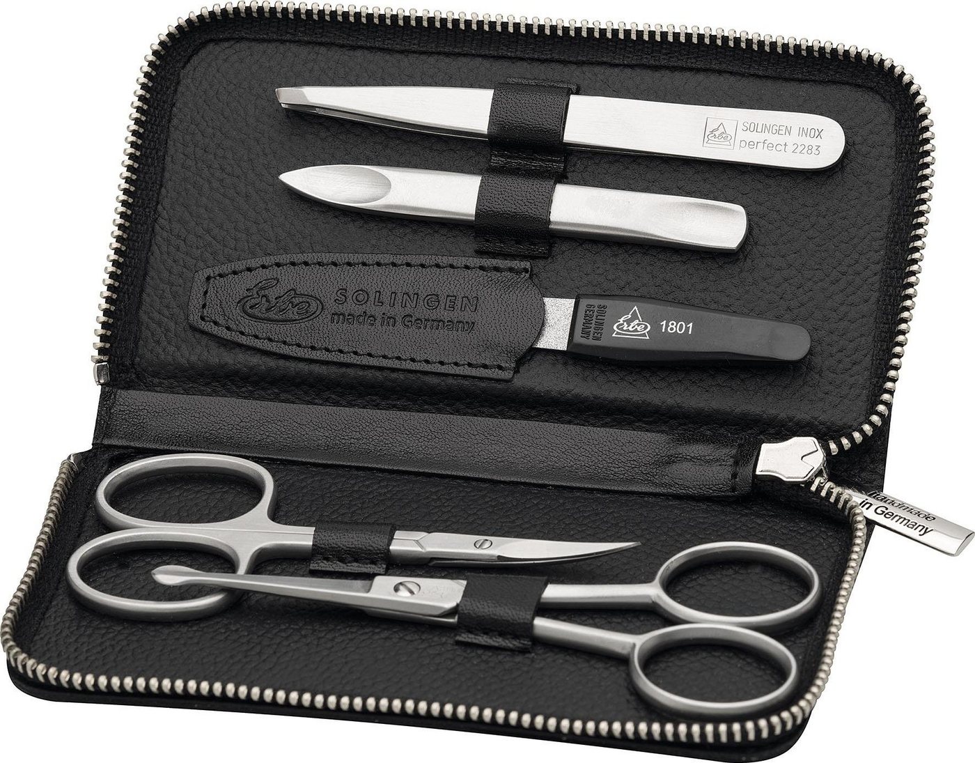 ERBE Maniküre-Etui Maniküre/Bartpflege-Reißverschluss-Etui aus echtem Leder, 5 tlg., bestückt mit Solinger Premium Stahlwaren von ERBE