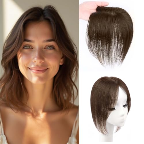 EREE HAIR Seidenbasis, Echthaaraufsatz mit Vorhang-Pony, 25,4 cm, gerades Haarteil für Frauen mit dünner werdendem Haar, natürlich aussehender Haaransatz (6,9 x 9,9 cm, Mokkabraun von EREE HAIR
