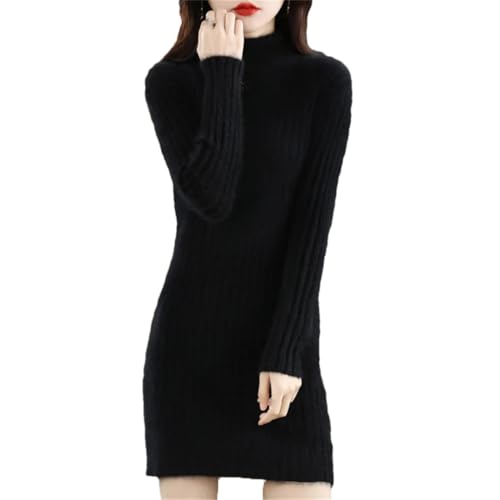 Damen Rollkragenkleid Langarm Slim Fit Pullover Pulloverkleid Casual Solid Midi Kleid Top, Schwarz , S von ERFMFKL