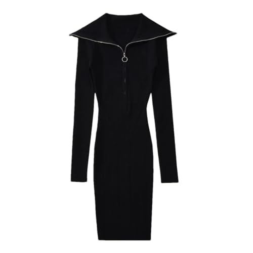 Damen Strickkleid mit Reißverschluss, großes Revers, langärmelig, einfarbig, schmal, Weihnachtspulloverkleid, Schwarz , Einheitsgröße von ERFMFKL