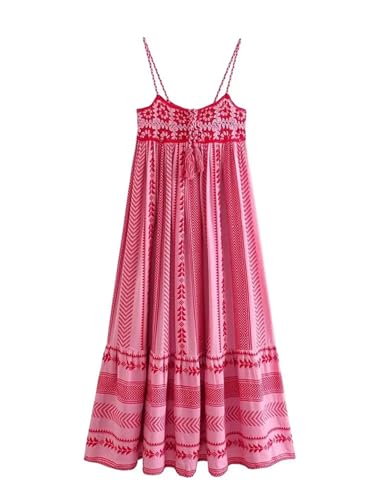 ERFMFKL Damen Rückenfreies Strickkleid Spaghettiträger Stickerei Boho Strand Urlaub Kleider, P-k305, L von ERFMFKL