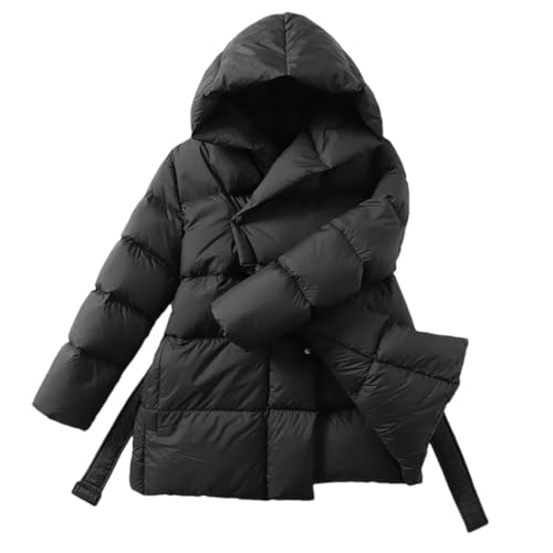 ERFMFKL Damen Solide Daunenjacke mit Kapuze Leichte Thermojacke Gürtel Reißverschluss Winter Warme Jacke, Schwarz , M von ERFMFKL