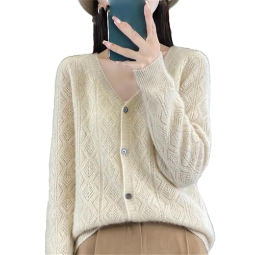 ERFMFKL Damen Wolle Cardigan V-Ausschnitt Lose Hohl Sweater Langarm Slim Büro Jacke Dünn, beige, M von ERFMFKL