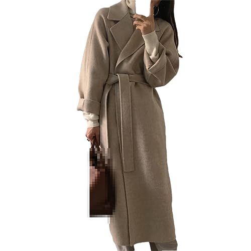 ERFMFKL Frauen Basic Revers Gürtel Retro Lose Wollmäntel Lässiger Langer Mantel Lang Warm apricot M von ERFMFKL