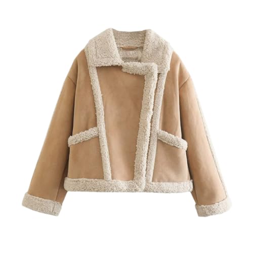 ERFMFKL Frauen Künstliche Lamm Fleece Patchwork Jacke Vintage Langarm Tasche Zipper Mantel Oberbekleidung Light Khaki S von ERFMFKL