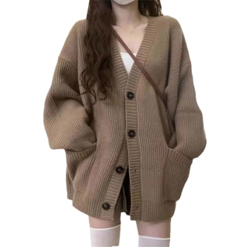 ERFMFKL Frauen Strickjacke Pullover Mäntel Langarm V-Ausschnitt Lose Knöpfe Gestrickte Jacken Casual Mit Tasche Khaki One Size von ERFMFKL