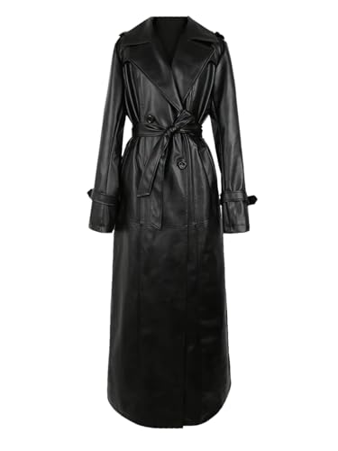 ERFMFKL Trenchcoat für Damen, für Frühling, Herbst, extra lang, weiches PU-Leder, bodenlanger Übermantel, Schwarz , L von ERFMFKL